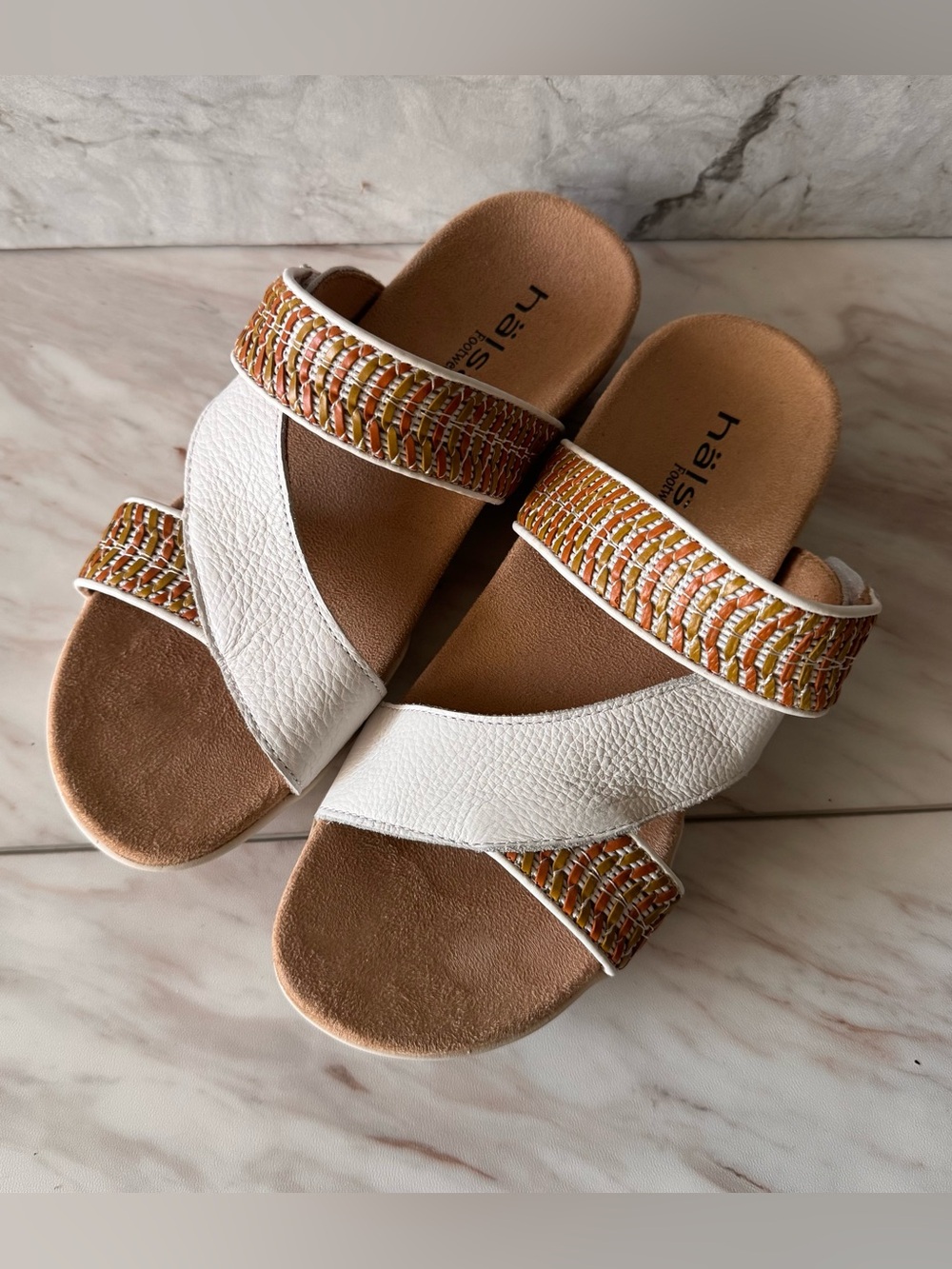Halsa Desiree White Multi Leather Comfort Sandals Size 8 Adjustable Slides
